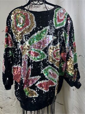 Three Flaggs Vintage Sequin Top Dolman Sleeves Floral Pattern All-Over Sequins
